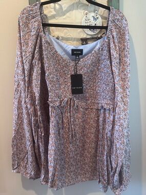 NWT womens Heyson Blue Orange Floral Smocked Peasant Blouse Plus Size